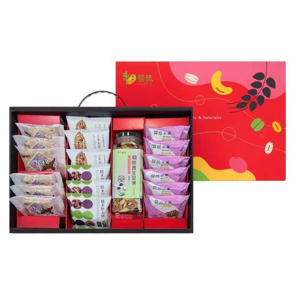 【大葉嚴選】養生堅果禮盒 560g (1罐+18包/盒)_養生堅果 1罐 +腰果南瓜子米果+杏仁蔓越莓米果+玉米水果酥+糙米堅果酥+藜麥核桃米果 