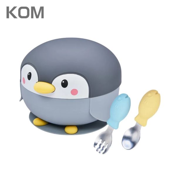【KOM】海洋歷險趣 不鏽鋼兒童矽膠學習餐具 企鵝 (贈飛魚叉匙組) 