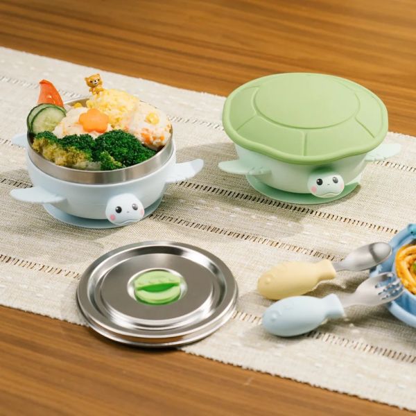 【KOM】海洋歷險趣 不鏽鋼兒童矽膠學習餐具 海龜 (贈飛魚叉匙組) 