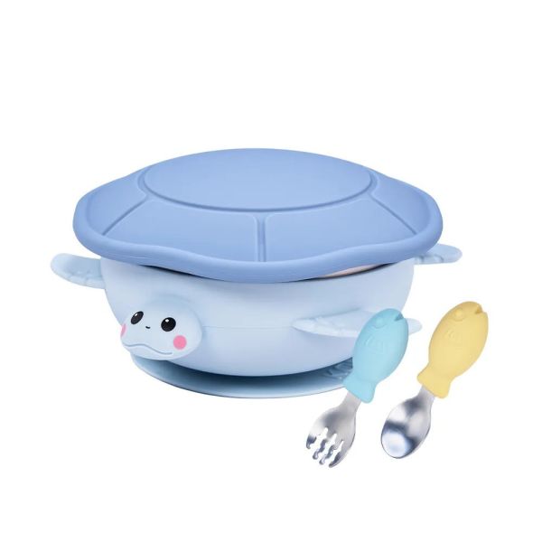 【KOM】海洋歷險趣 不鏽鋼兒童矽膠學習餐具 海龜 (贈飛魚叉匙組) 
