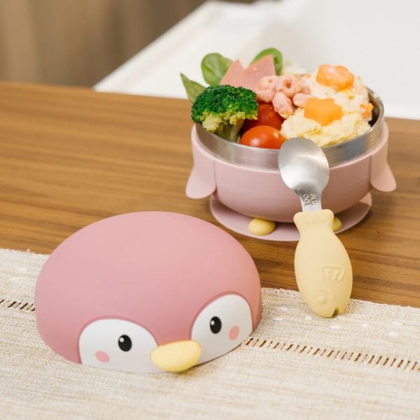 【KOM】海洋歷險趣 不鏽鋼兒童矽膠學習餐具 企鵝 (贈飛魚叉匙組) 