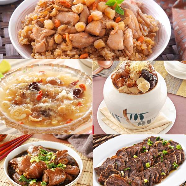 【竹南懷舊】5件組-黃金鴻運佛跳牆(2200g/入)+麻油雞干貝米糕(800g/入)+酒香雪花牛腱心(300g/入)+極品傳香滷豬腳(1000g/入)+桂圓銀耳雪蓮子湯(1200g/入) 