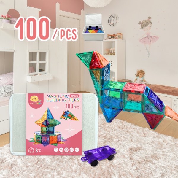 【ScienceBaby】100片 雪鑽基本片 益智磁力片積木 (棉麻硬收納盒組) 