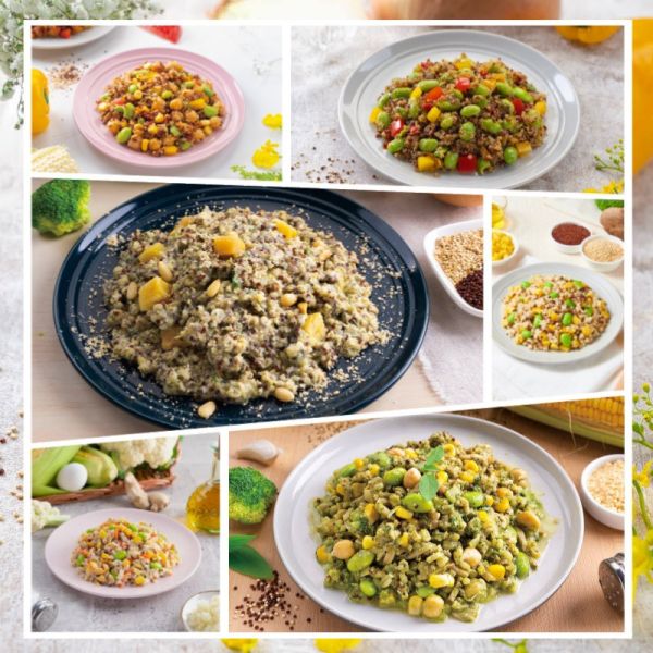 【蘭田素食】8+2居家營養輕食組(10件組) 藜麥毛豆*1+蒔樂藜麥鷹嘴豆*1+黃金松子藜麥燉飯*1+青醬葷菇燉花椰米*1+黃金優纖輕采花椰米*1+黃金大麥毛豆*1+舒采紅藜菇菇米*2+黃金陽光菇菇米*2 