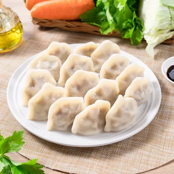 【蘭揚食品】淨心祈福．元氣普渡組—元氣輕蔬餃368G (1包約17顆) + 維根素肉排226g(2片)/盒 + 紅燒栗子杏鮑菇200G + 柚香蓮藕200g + 椒香川耳200G 