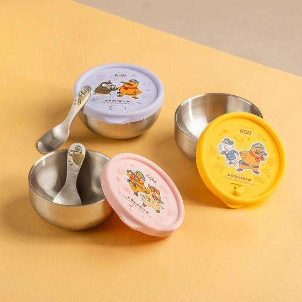 【KOMx達克比】雙層不鏽鋼 矽膠密封 兒童隔熱碗 粉色/紫色/黃色 