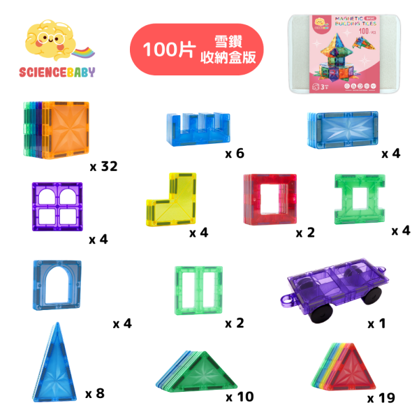 【ScienceBaby】100片 雪鑽基本片 益智磁力片積木 (棉麻硬收納盒組) 