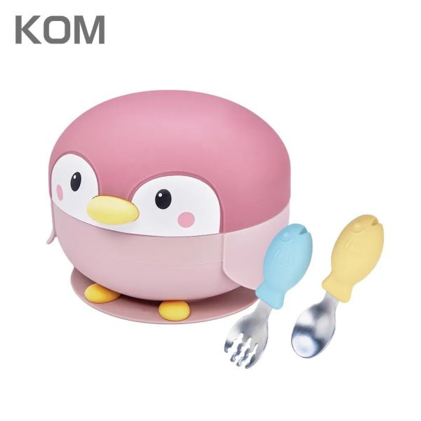 【KOM】海洋歷險趣 不鏽鋼兒童矽膠學習餐具 企鵝 (贈飛魚叉匙組) 