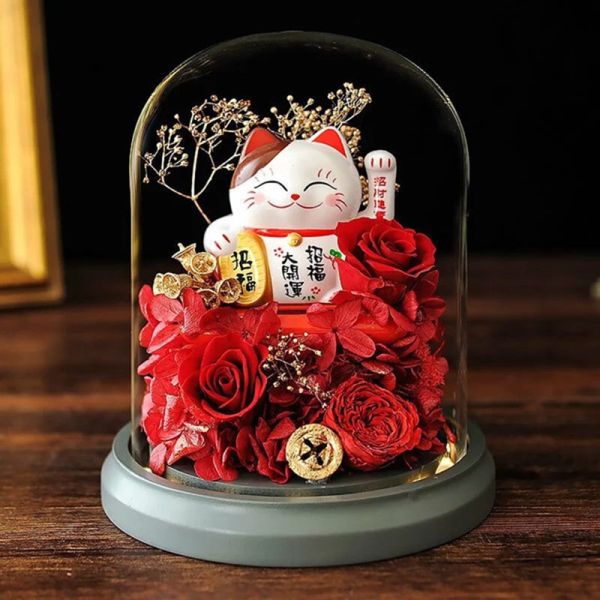 【波希熊】開店送禮首選 Q萌招財貓永生花禮盒_紅色 (附禮盒/禮物袋/電池x2) 