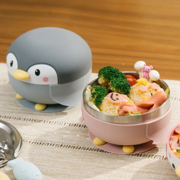 【KOM】海洋歷險趣 不鏽鋼兒童矽膠學習餐具 企鵝 (贈飛魚叉匙組) 