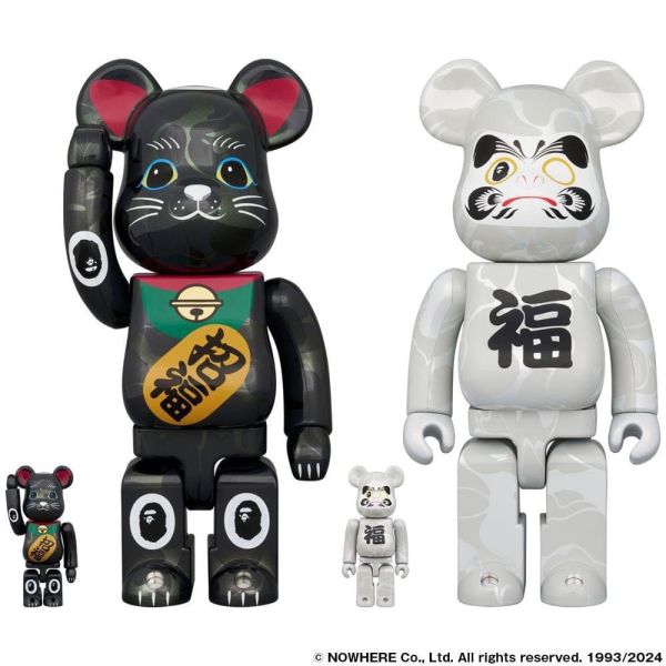 【預購】庫柏力克熊 BE@RBRICK BAPE(R) 招財貓 黒電鍍／達磨 白電鍍 招き猫 黒メッキ／達磨 白メッキ 100％ & 400％ (4体セット) 