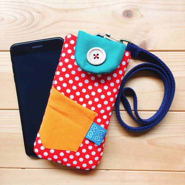 鈕釦造型手機袋 (紅色點點) (附繩) 接單生產* 手機袋,phonebag,携帯カバー,手機包