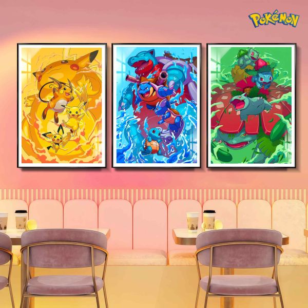 阿喵畫社 寶可夢三家進化組三聯組合 裝飾畫 