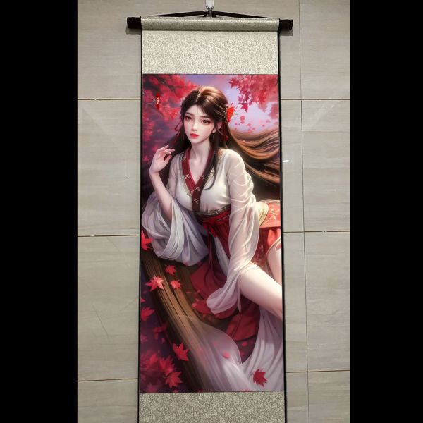 阿喵畫社 火靈兒國風捲軸錦緞高清精裱畫 