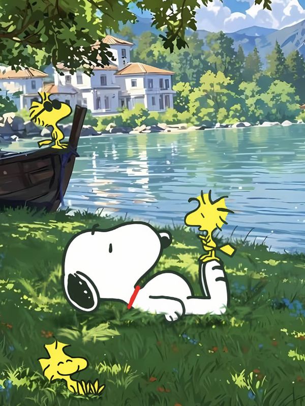 星空《湖畔史努比》花生漫畫Snoopy史奴比潮流藝術版畫裝飾畫 