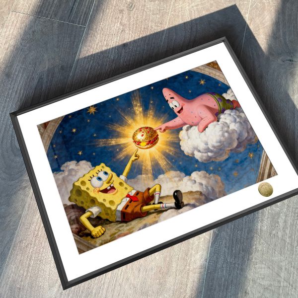 皇呱《創造蟹黃堡》海綿寶寶米開朗基羅名畫裝飾畫 