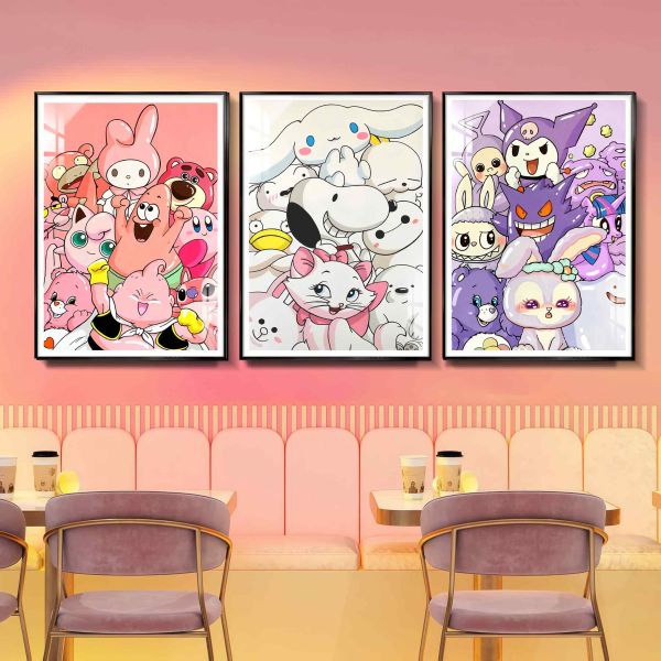 阿喵畫社 三麗鷗美樂蒂玉桂狗庫洛米三聯組合裝飾畫 