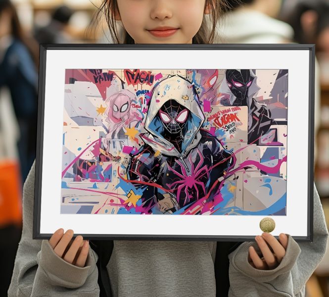 皇呱《蜘蛛縱橫宇宙》小黑蛛邁爾斯·莫拉萊斯蜘蛛格溫裝飾畫 