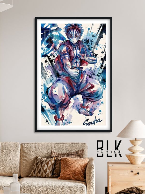 巴洛克《水彩猗窩座》鬼滅之刃無限城篇裝飾畫冰箱貼 