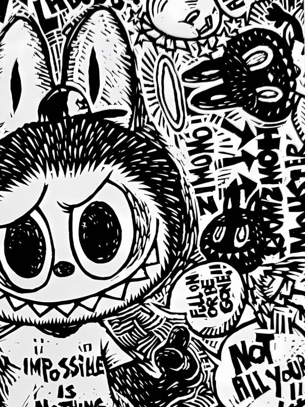 星空《黑白映畫拉布布》labubu潮流藝術版畫裝飾畫 