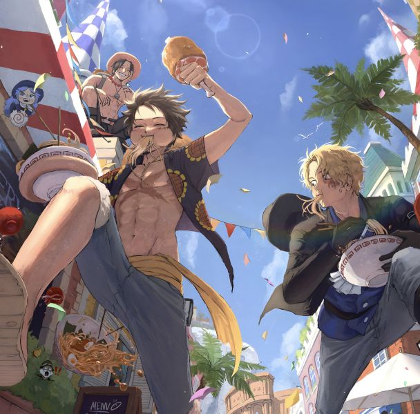 H2工作室 《三兄弟》海賊王魯夫艾斯薩博動漫裝飾畫 