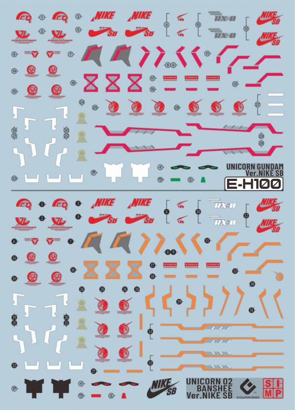 EVO水貼 HG 1/144 獨角獸 報喪女妖 Ver.NIKE SB 聯名 螢光 專用水貼 EH100 EVO水貼 HG 1/144 獨角獸 報喪女妖 Ver.NIKE SB 聯名 螢光 專用水貼 E-H100