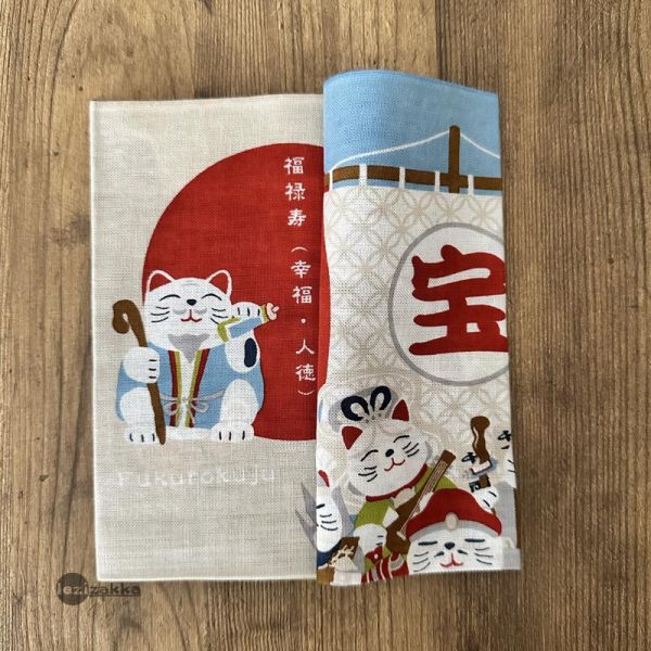 日本棉紗繪本手拭布 貓咪七福神 濱文様.てぬぐい.日本貓.手拭布.居家裝飾,喬遷誌喜.搬家禮物,開店開業禮物.開張大吉,開幕送禮