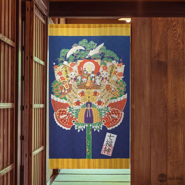 日本製 風水門簾 - 七福神寶船熊手 七福神福箕飾り.のれん.熊手.七福神寶船.日本門簾.日式門簾.日式掛簾.門簾風水.門簾日式.門簾推薦.獅子舞日本.獅子舞.七福神日本.牆壁裝飾.掛布布簾.布帘.門布帘.遮光門簾.日本緣起物.