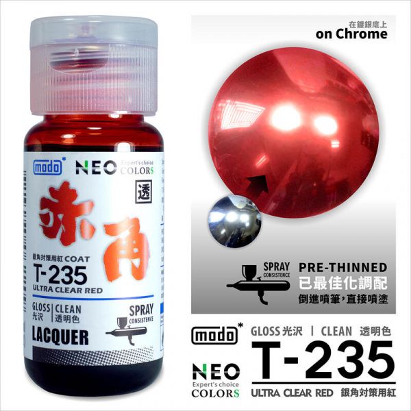 摩多製漆所 MODO 硝基漆 T-235 赤角(銀角電鍍漆專用透明紅) 噴塗用濃度 30ml <新配方新包裝> 