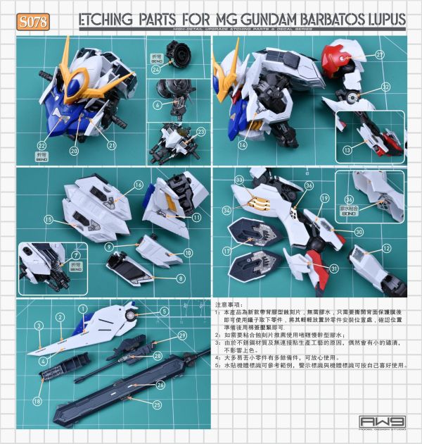 預購4月 鋼魂 AW9 S078 MG 1/100 天狼型獵魔鋼彈專用蝕刻片 附水貼 