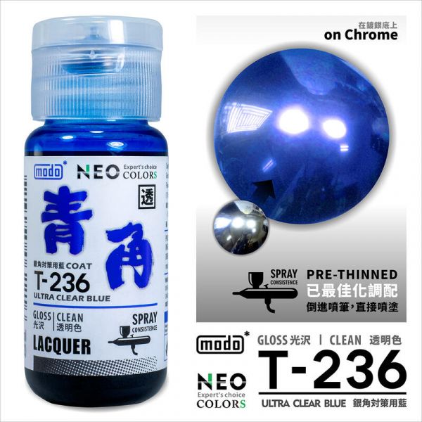 摩多製漆所 MODO 硝基漆 T-236 青角(銀角電鍍漆專用透明藍) 噴塗用濃度 30ml <新配方新包裝> 