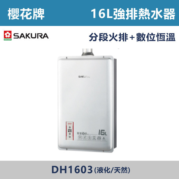 ◆★現貨【櫻花牌】16L智能恆溫熱水器 DH1603 櫻花,SAKURA,熱水器,懸掛式,立式,電熱水器,數位恆溫,分段火排,無線遙控,有線遙控,ECO節能,過熱保護,漏電斷電,過壓保護,220V,110V,18A,27A,304不鏽鋼,數位強排,強排,FE式,大出水量,屋外型,抗風,瞬熱式