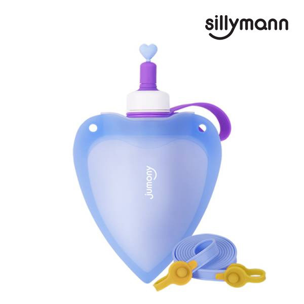 【韓國sillymann】 100%鉑金矽膠兒童便攜捲式鉑金矽膠心型水瓶-250ml(藍) 