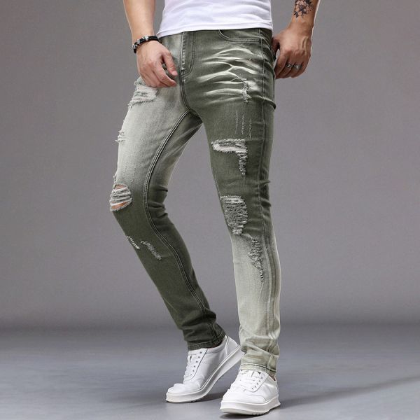 荒迹彈力修身破洞牛仔長褲 - 2配色 幕峰MuFeng,破洞牛仔褲,歐美風長褲,提臀剪裁,修身牛仔褲,潮流男裝,時尚街頭風,中腰設計,彈力丹寧,氣質型男必備