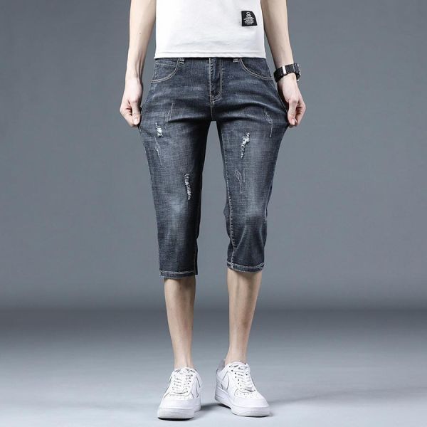 勁裂彈力修身刷破牛仔七分短褲 - 1配色 幕峰MuFeng,牛仔七分褲,刷破牛仔褲,修身短褲男,彈力牛仔褲,潮流短褲,夏季男裝,街頭穿搭,百搭短褲,單色款