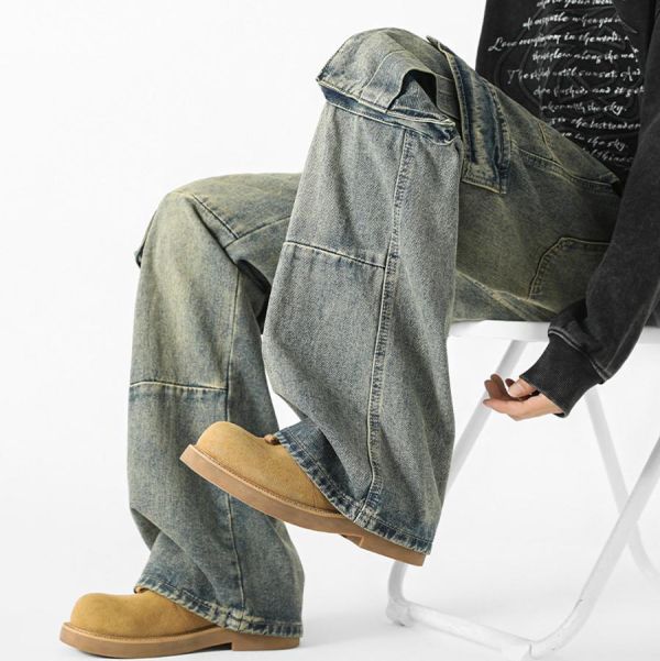 衡坡寬鬆多口袋直筒牛仔長褲 - 1配色 幕峰MuFeng,工裝牛仔褲,多口袋長褲,水洗牛仔褲,直筒寬鬆褲,美式工裝風,潮流牛仔褲,休閒穿搭,男士長褲,百搭牛仔