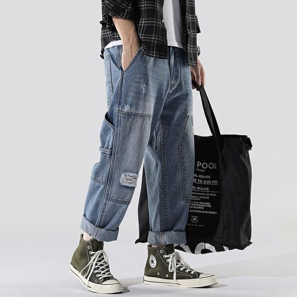 復流潮流拼接工裝直筒牛仔長褲 - 1配色（限時特賣 - 5折） 幕峰MuFeng,男裝特賣,5折優惠,快閃活動,限時出清,網路購物,男裝品牌,超值優惠,時尚穿搭,2025特賣