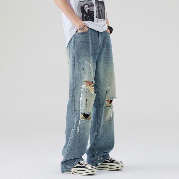 復野潮流破洞潑墨直筒牛仔長褲 - 1配色 幕峰MuFeng,破洞牛仔褲,潑墨牛仔褲,美式潮牌,街頭穿搭,男士牛仔長褲,個性牛仔褲,百搭牛仔,潮流下身,休閒男褲