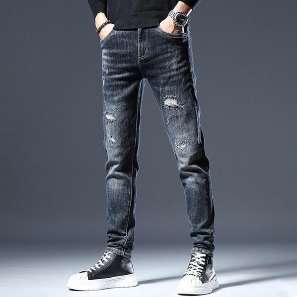 玄嶺彈力修身破洞牛仔長褲 - 1配色 幕峰MuFeng,深藍牛仔褲,修身小腳褲,破洞牛仔褲,男士牛仔長褲,春秋牛仔褲,潮流穿搭,百搭牛仔,休閒男褲,街頭風格