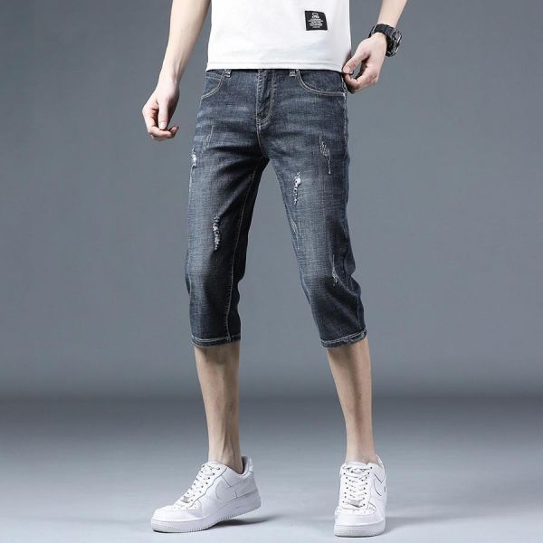 勁裂彈力修身刷破牛仔七分短褲 - 1配色 幕峰MuFeng,牛仔七分褲,刷破牛仔褲,修身短褲男,彈力牛仔褲,潮流短褲,夏季男裝,街頭穿搭,百搭短褲,單色款