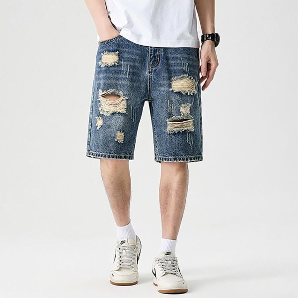 本川破洞五分牛仔短褲 - 1配色 幕峰MuFeng,牛仔短褲男,破洞牛仔褲,五分短褲,寬鬆短褲,潮牌短褲,夏季男短褲,街頭穿搭,設計感短褲,男裝下身
