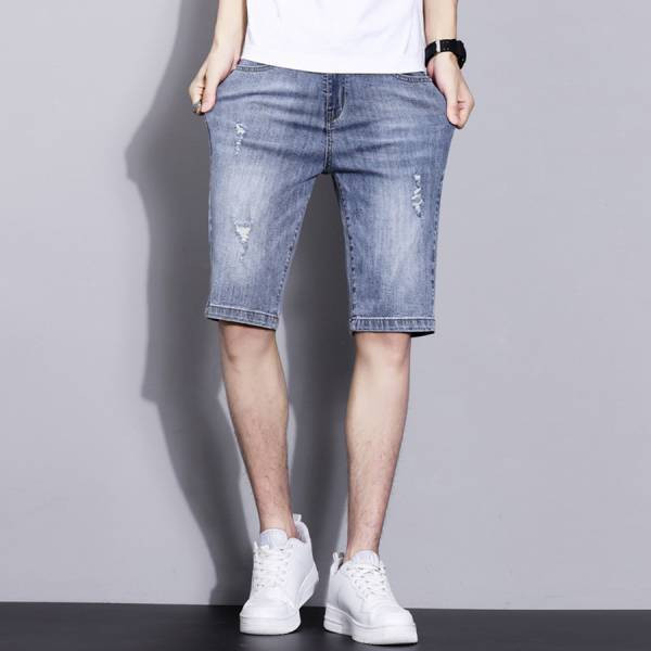 沙霧彈性刷破牛仔短褲 - 1配色（限時特賣 - 5折） 幕峰MuFeng,男裝特賣,5折優惠,快閃活動,限時出清,網路購物,男裝品牌,超值優惠,時尚穿搭,2025特賣