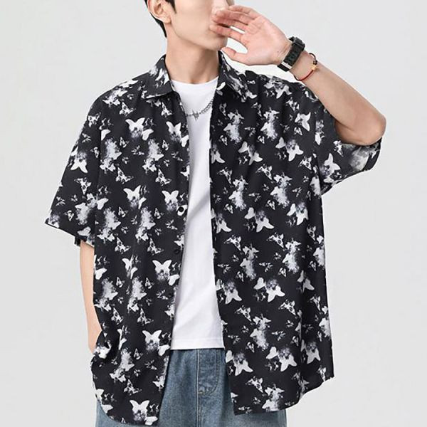花蝶印花休閒襯衫短袖 - 2配色（限時特賣 - 5折） 幕峰MuFeng,男裝特賣,5折優惠,快閃活動,限時出清,網路購物,男裝品牌,超值優惠,時尚穿搭,2026特賣