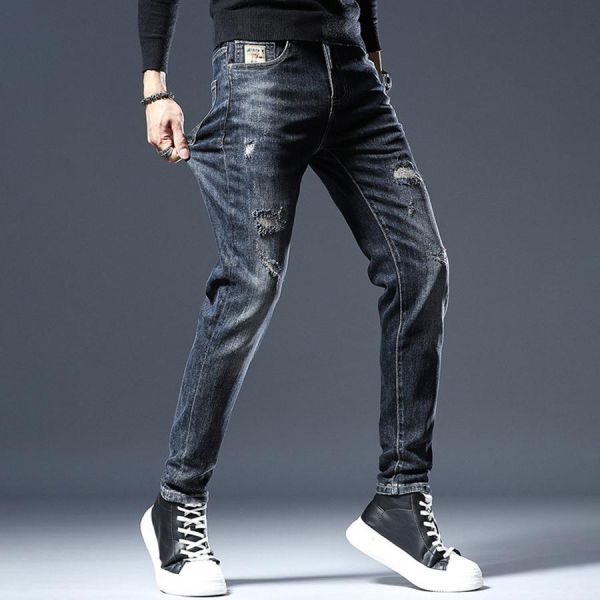 玄嶺彈力修身破洞牛仔長褲 - 1配色 幕峰MuFeng,深藍牛仔褲,修身小腳褲,破洞牛仔褲,男士牛仔長褲,春秋牛仔褲,潮流穿搭,百搭牛仔,休閒男褲,街頭風格