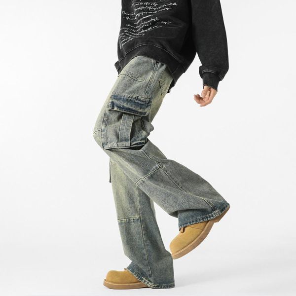 衡坡寬鬆多口袋直筒牛仔長褲 - 1配色 幕峰MuFeng,工裝牛仔褲,多口袋長褲,水洗牛仔褲,直筒寬鬆褲,美式工裝風,潮流牛仔褲,休閒穿搭,男士長褲,百搭牛仔