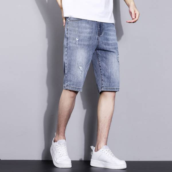 沙霧彈性刷破牛仔短褲 - 1配色（限時特賣 - 5折） 幕峰MuFeng,男裝特賣,5折優惠,快閃活動,限時出清,網路購物,男裝品牌,超值優惠,時尚穿搭,2025特賣