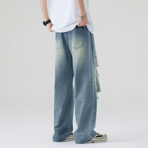 復野潮流破洞潑墨直筒牛仔長褲 - 1配色 幕峰MuFeng,破洞牛仔褲,潑墨牛仔褲,美式潮牌,街頭穿搭,男士牛仔長褲,個性牛仔褲,百搭牛仔,潮流下身,休閒男褲