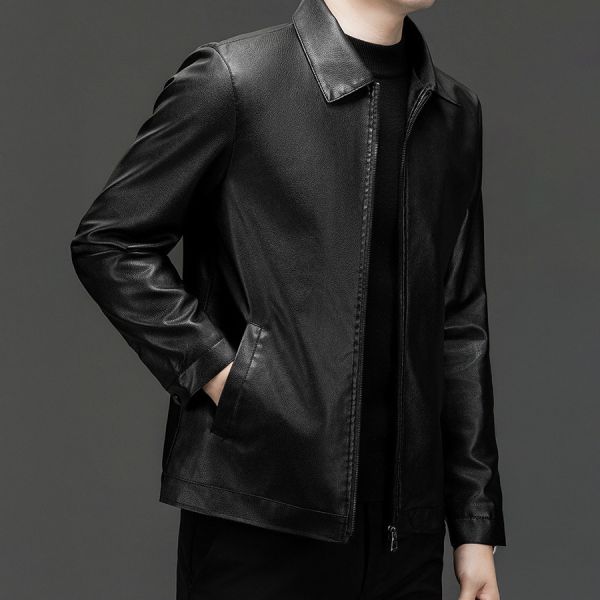 雅鋒翻領皮衣外套 - 1配色 幕峰MuFeng,男士皮衣外套,翻領皮衣男,爸爸外套推薦,春季男裝外套,商務休閒外套,成熟男士穿搭,純色皮衣,百搭男外套,中年男裝