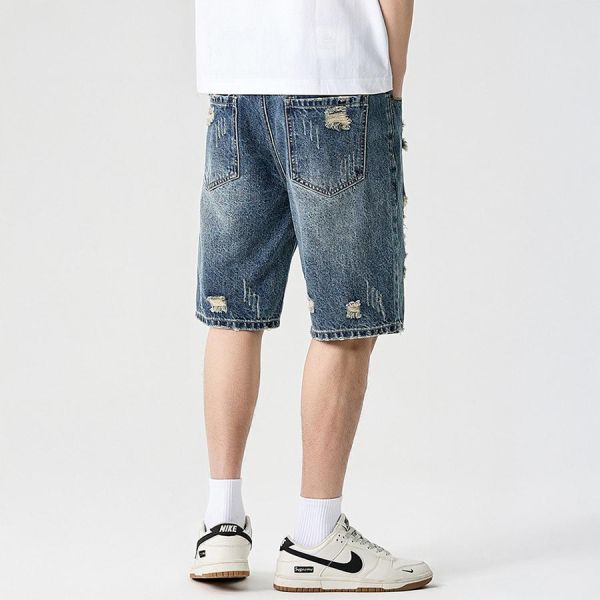 本川破洞五分牛仔短褲 - 1配色 幕峰MuFeng,牛仔短褲男,破洞牛仔褲,五分短褲,寬鬆短褲,潮牌短褲,夏季男短褲,街頭穿搭,設計感短褲,男裝下身