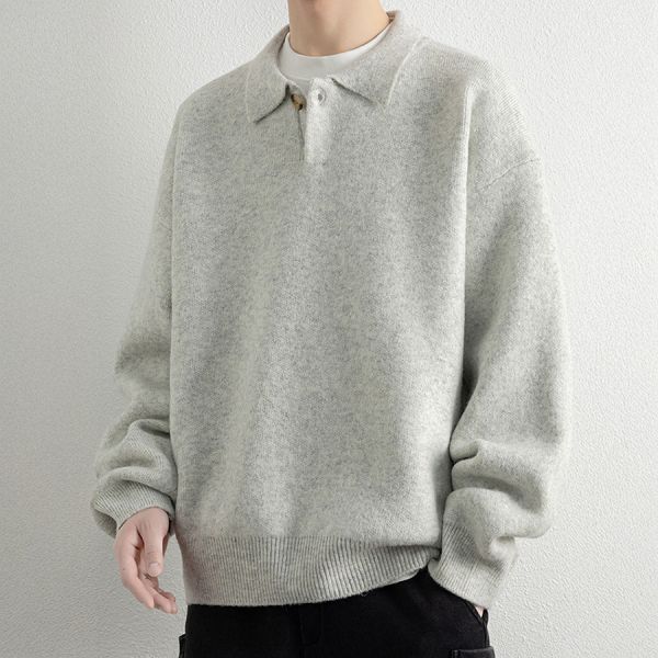 靜型翻領針織休閒長袖 - 3配色 幕峰MuFeng,翻領針織上衣,男士毛衣秋季,套頭針織衫,寬鬆版型毛衣,百搭男裝,休閒針織外套,潮流男裝,秋季穿搭單品,質感針織衫